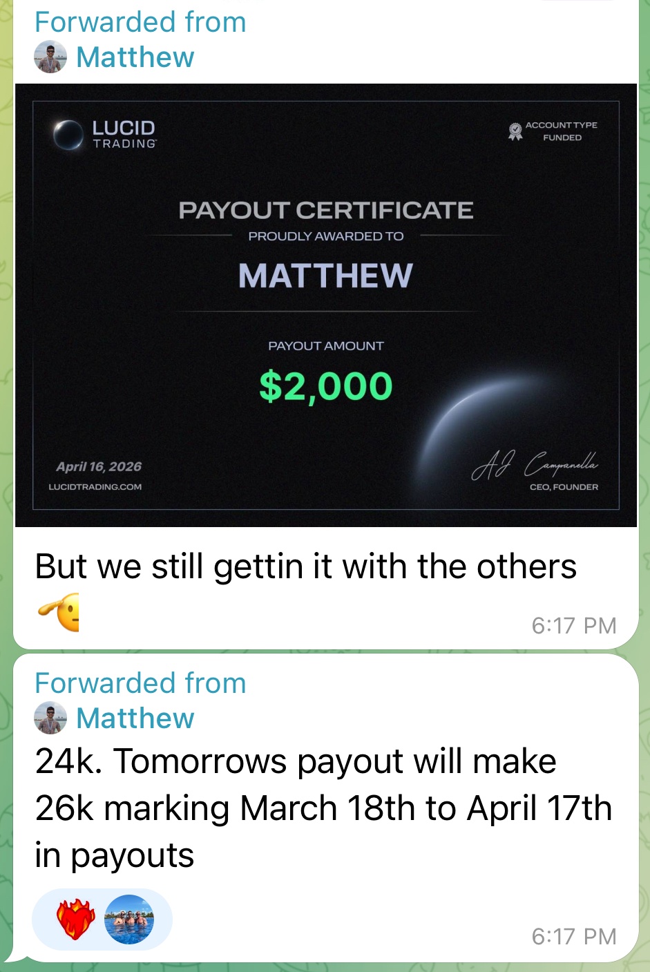 Documented payouts, Matthew