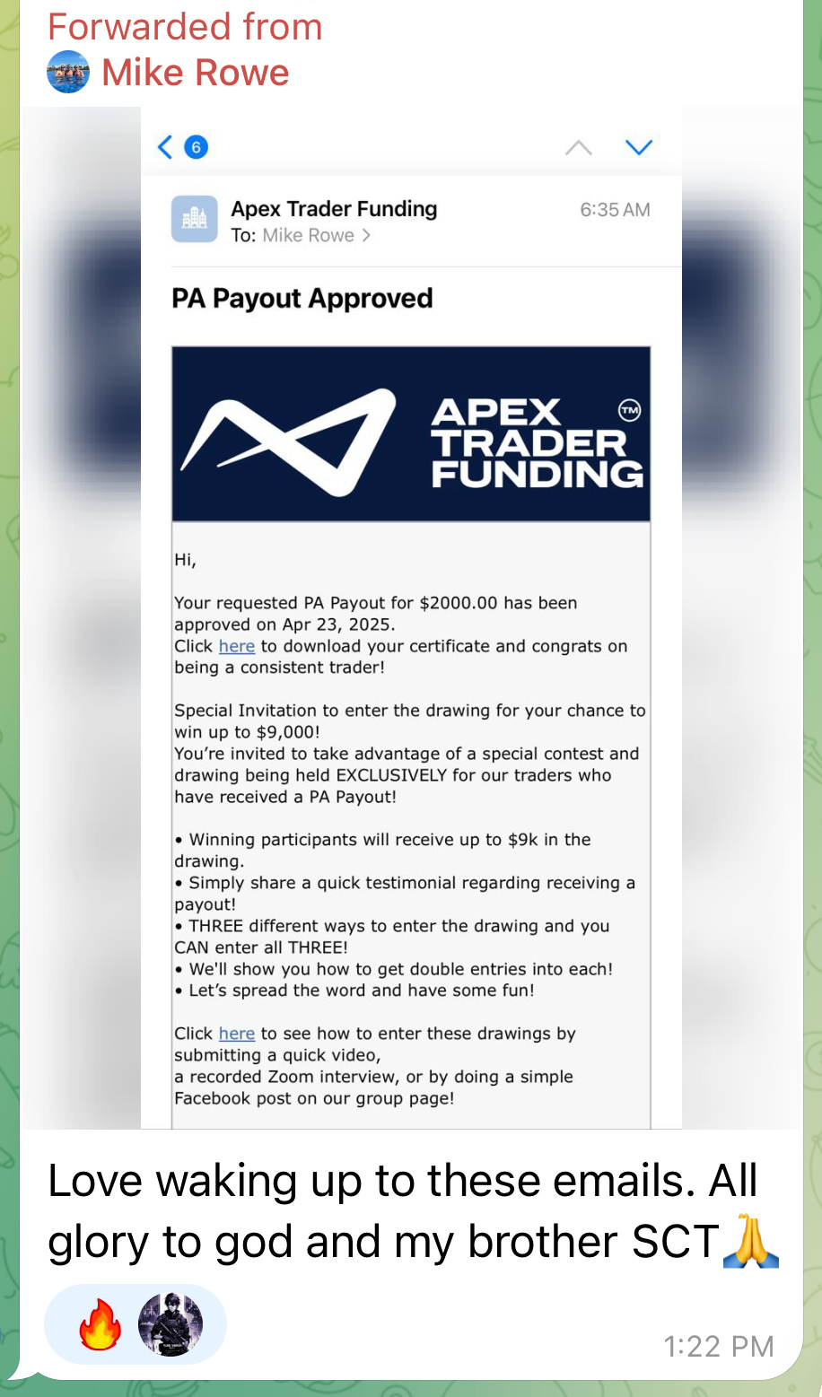 Apex Trader Funding payout approved, $2,000